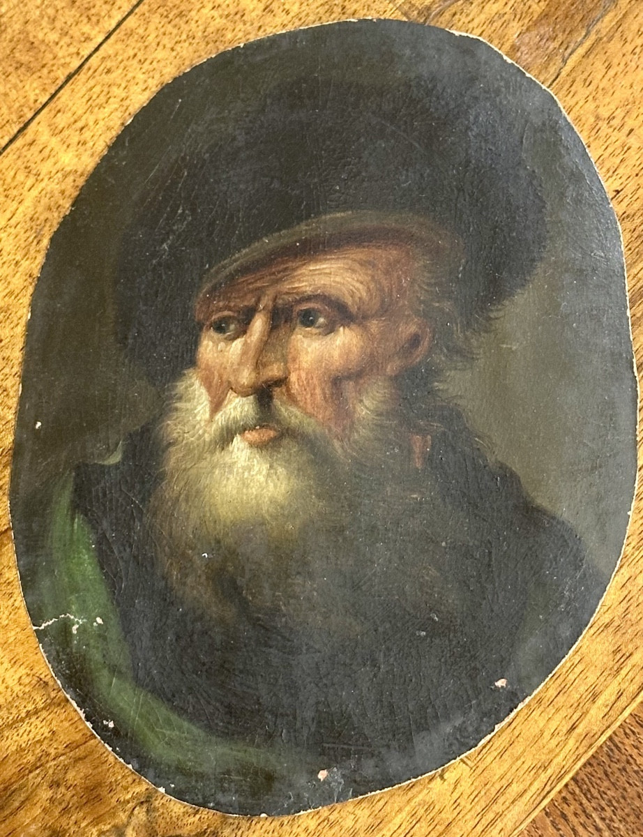 Miniature "portrait Of An Old Man With A Hat" – Oil On Cardboard - 19th Century