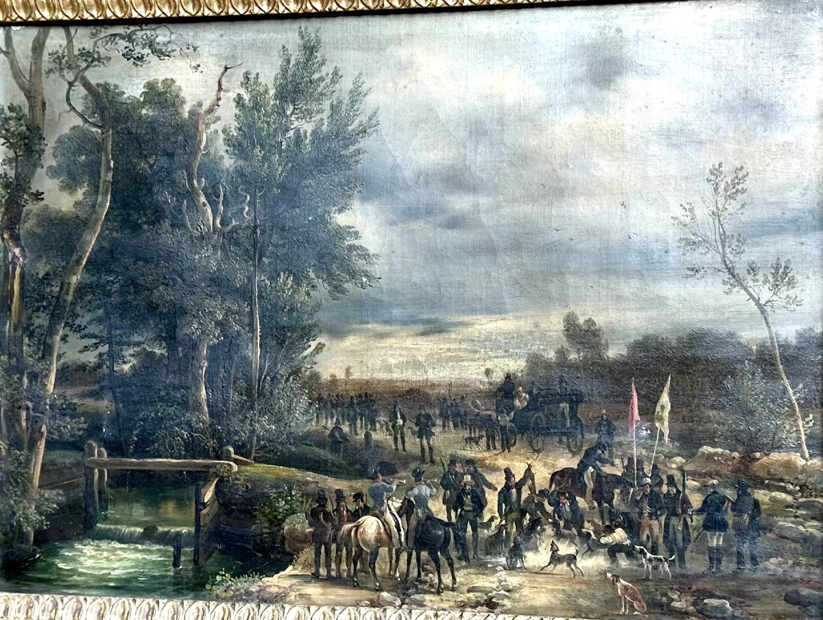 Painting "aristocratic Hunting Party" - 19th Century-photo-2