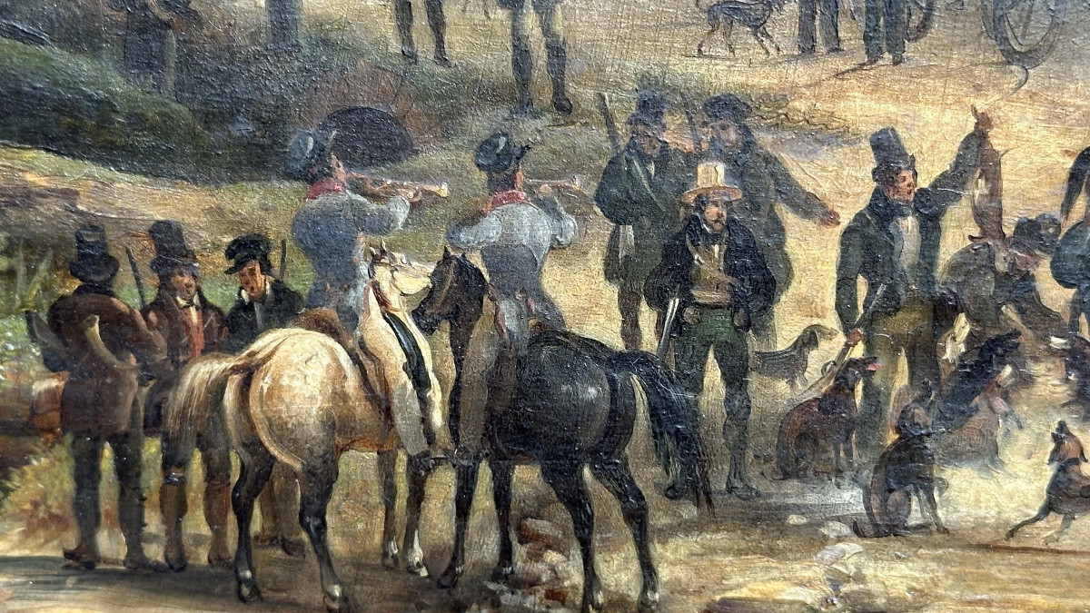 Painting "aristocratic Hunting Party" - 19th Century-photo-4