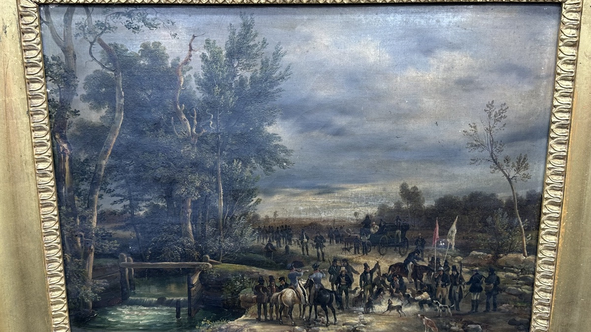 Painting "aristocratic Hunting Party" - 19th Century-photo-5