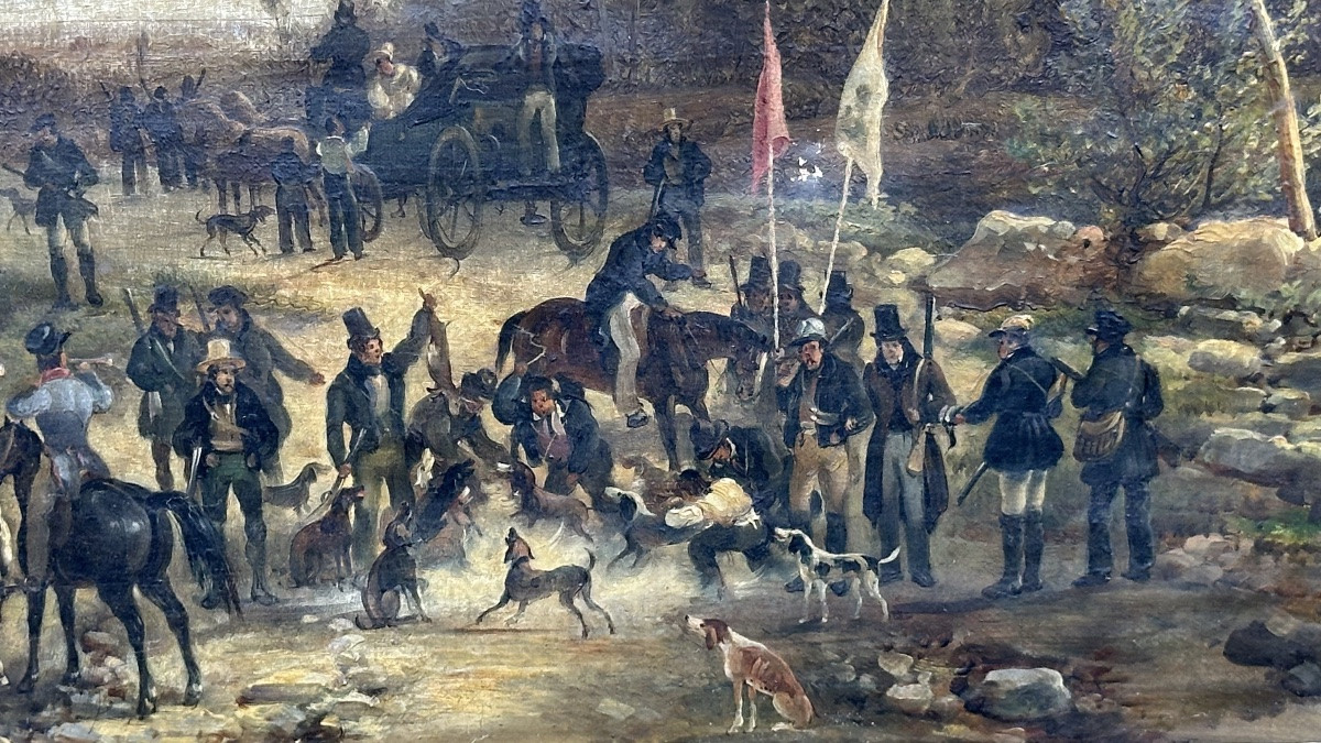 Painting "aristocratic Hunting Party" - 19th Century-photo-6