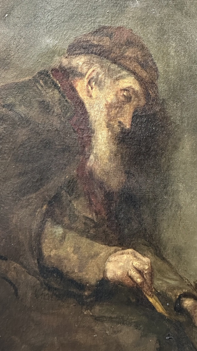 Oil Painting On Canvas – Genre Scene With Elderly Figure - 19th Century-photo-2