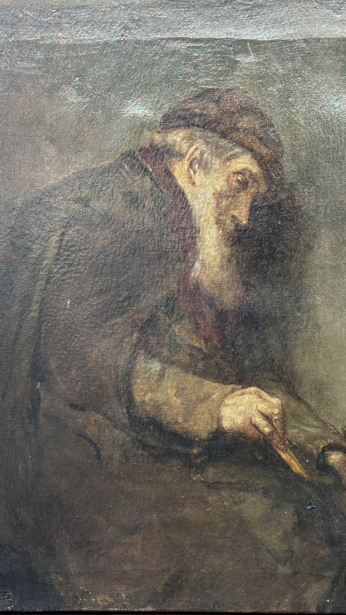 Oil Painting On Canvas – Genre Scene With Elderly Figure - 19th Century-photo-2