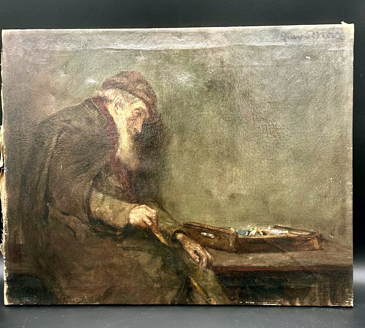 Oil Painting On Canvas – Genre Scene With Elderly Figure - 19th Century