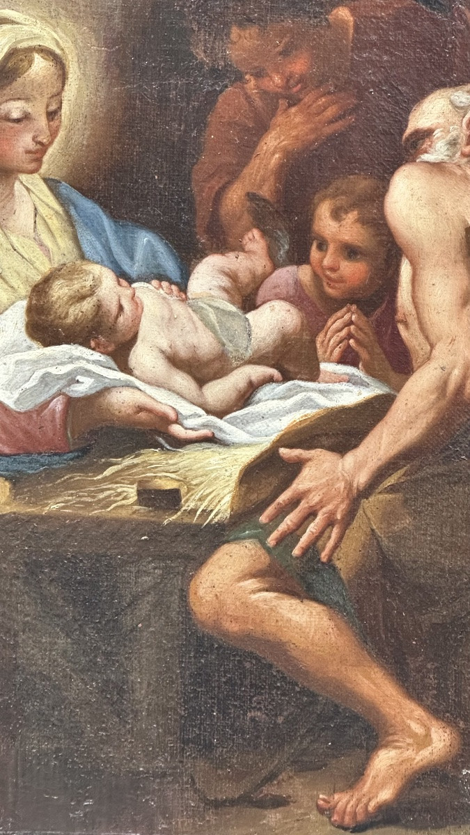 Huile sur toile, « L'Adoration des bergers » - XVIIe siècle-photo-1