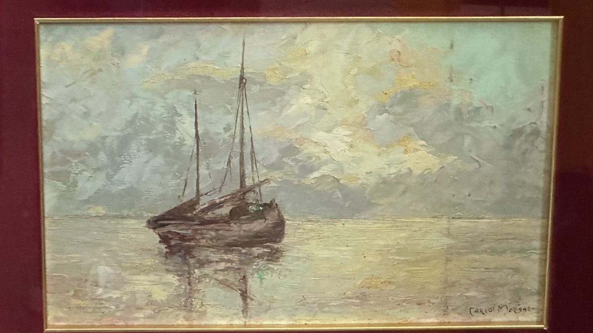 Painting, “seascape With Boat” - Carlo Morgari, 20th Century-photo-2