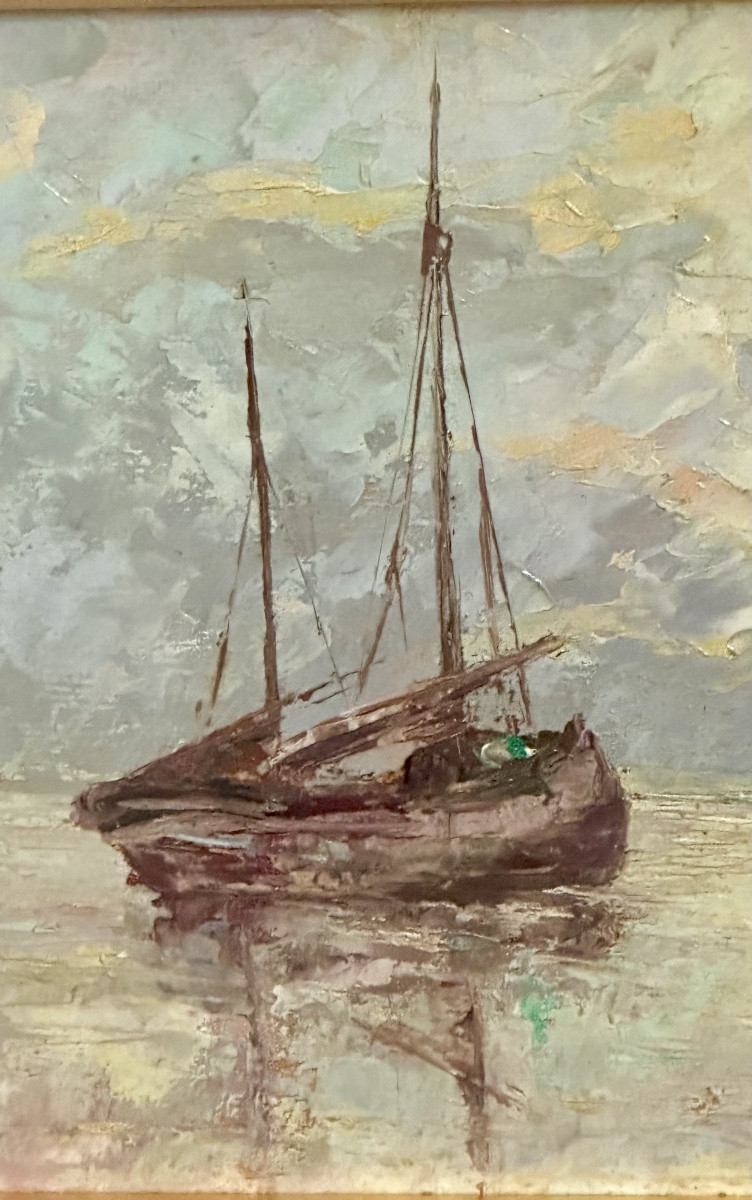 Painting, “seascape With Boat” - Carlo Morgari, 20th Century-photo-3
