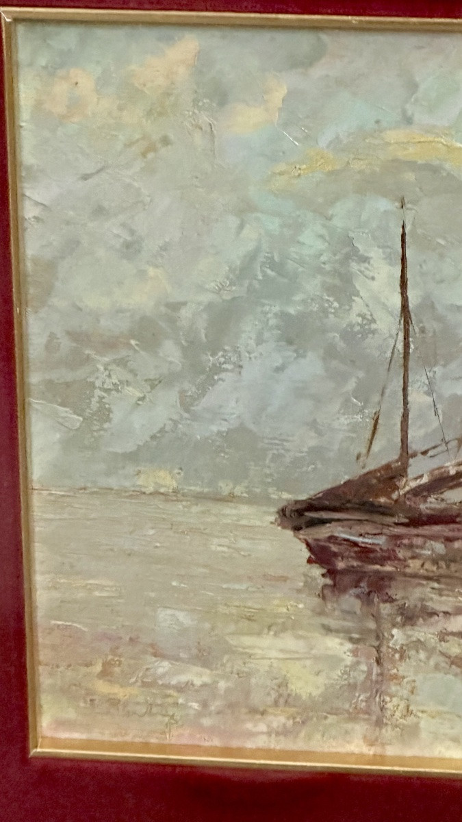 Painting, “seascape With Boat” - Carlo Morgari, 20th Century-photo-4