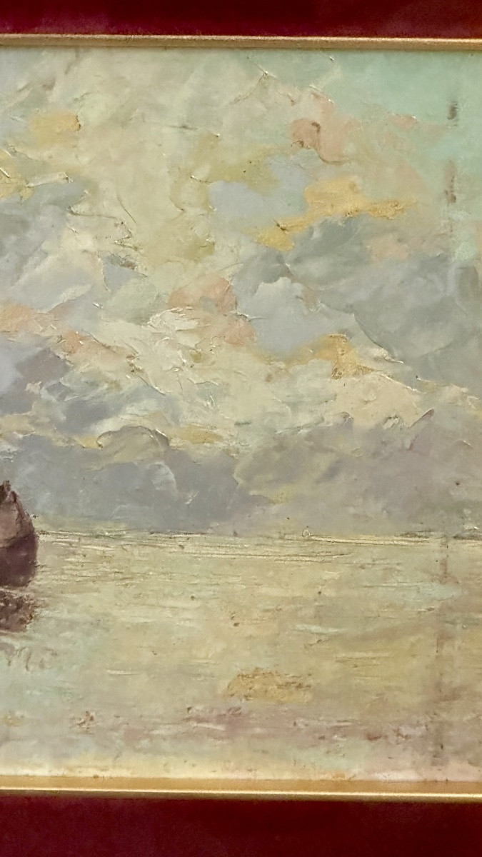 Painting, “seascape With Boat” - Carlo Morgari, 20th Century-photo-1