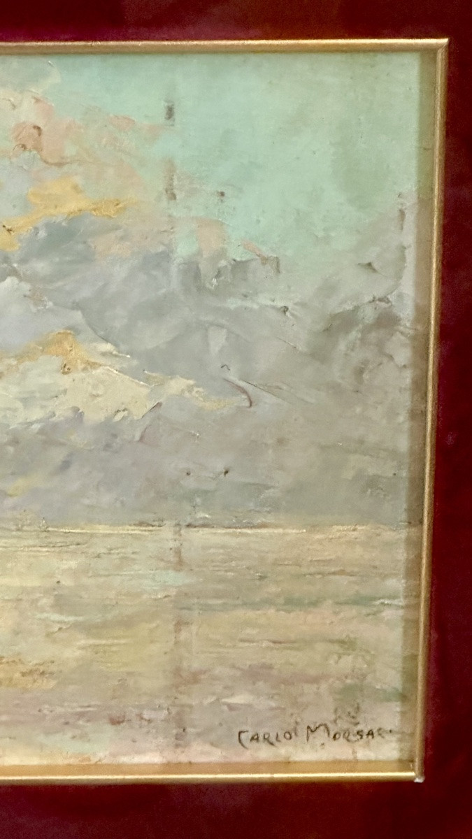 Painting, “seascape With Boat” - Carlo Morgari, 20th Century-photo-2