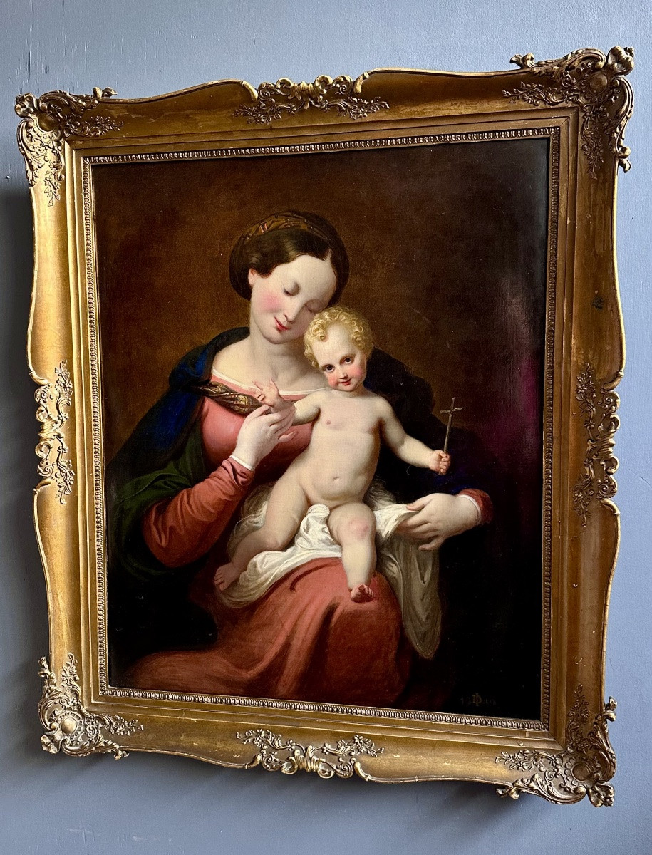 Huile sur toile « Vierge à l'Enfant », signée et datée « 18 ID 49 ».-photo-2