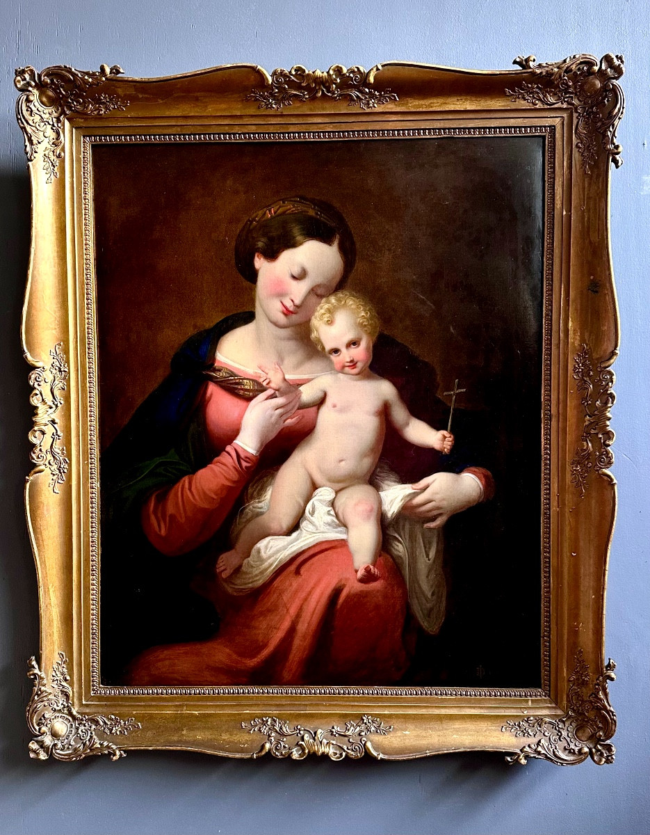 Huile sur toile « Vierge à l'Enfant », signée et datée « 18 ID 49 ».