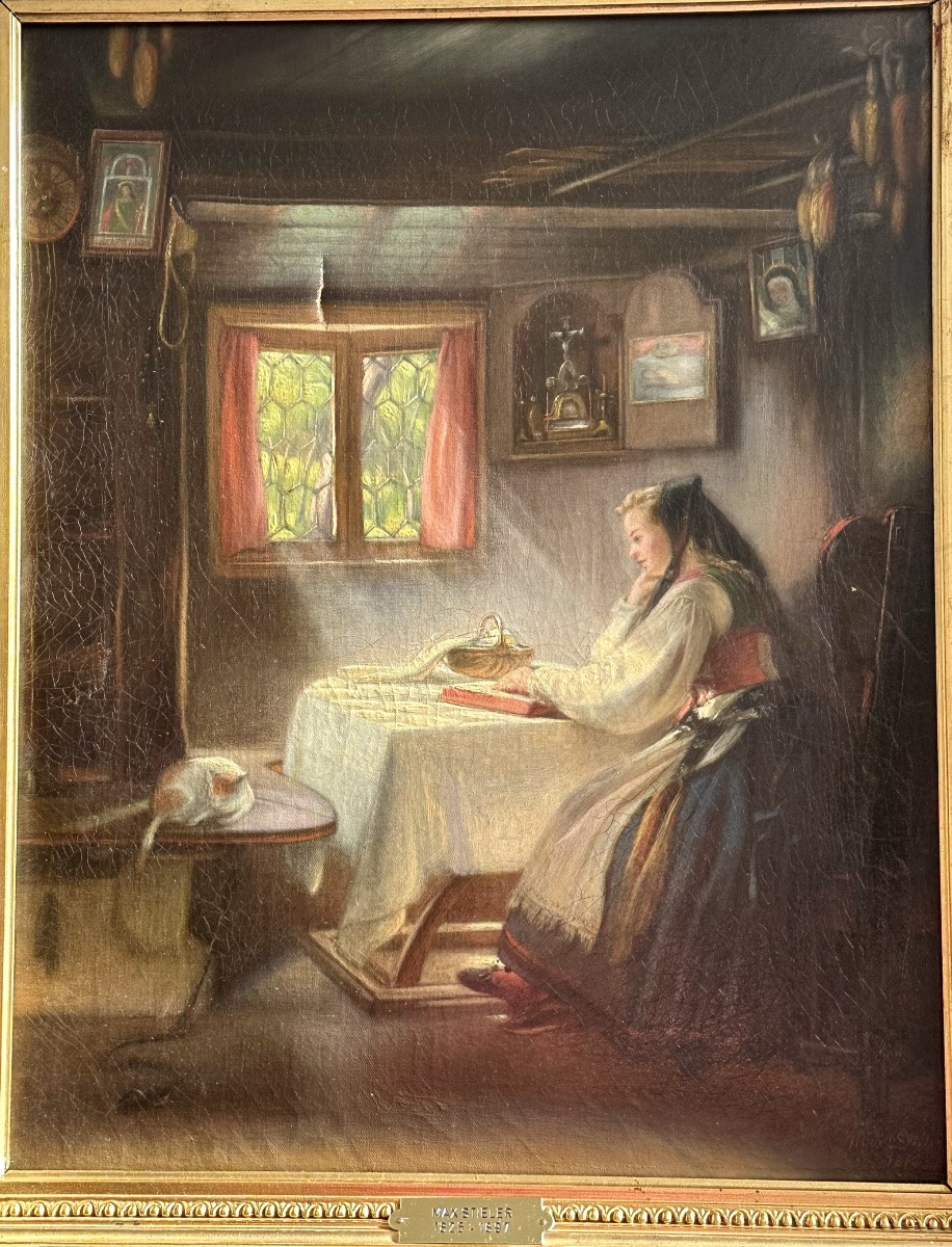 Oil On Canvas - Interior With A Young Woman - Signed Max Stieler 1870-photo-2