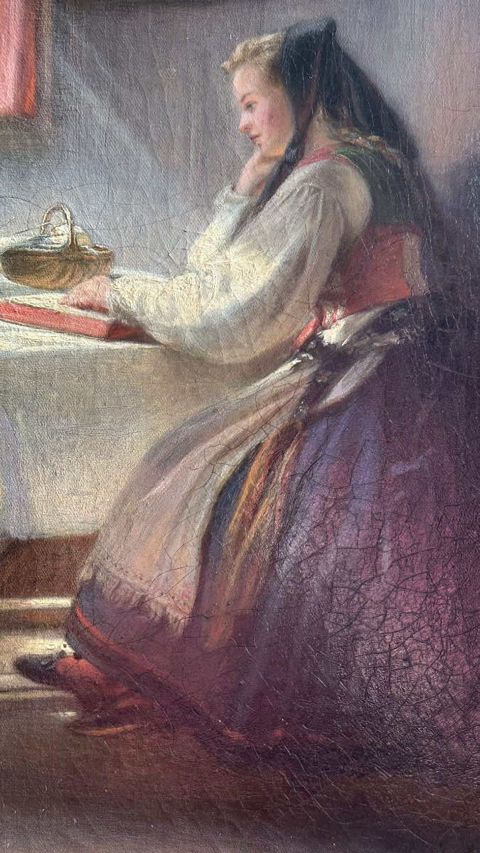 Oil On Canvas - Interior With A Young Woman - Signed Max Stieler 1870-photo-3