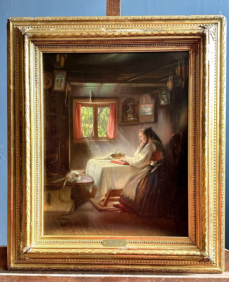 Oil On Canvas - Interior With A Young Woman - Signed Max Stieler 1870