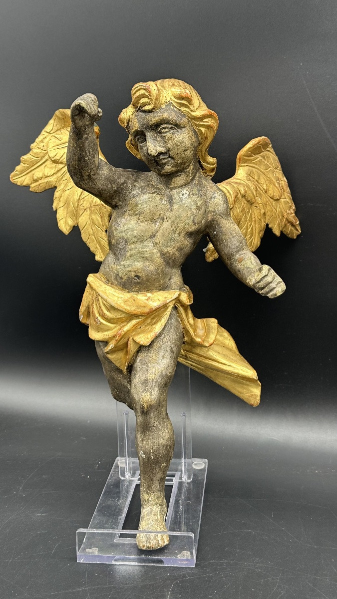 Pair Of Winged Angels In Silver- And Gold-plated Wood – Early 18th Century -photo-2