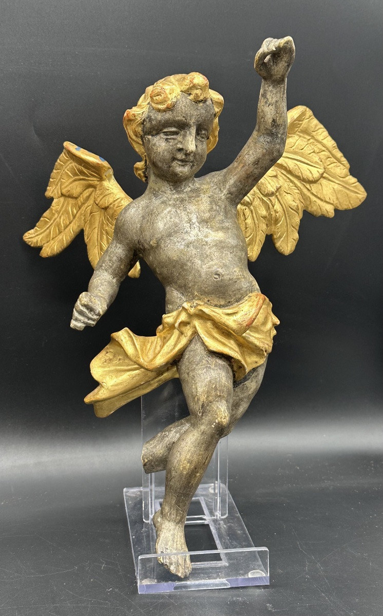 Pair Of Winged Angels In Silver- And Gold-plated Wood – Early 18th Century -photo-3