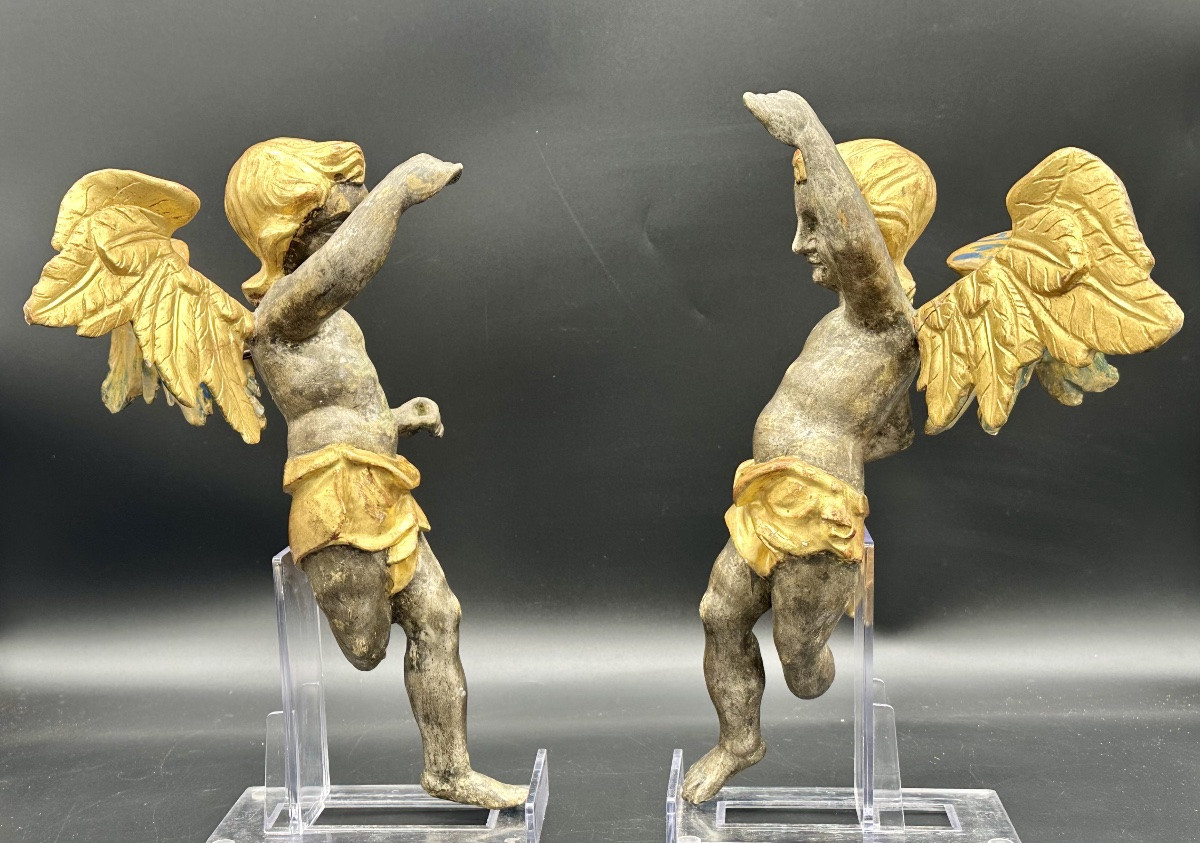 Pair Of Winged Angels In Silver- And Gold-plated Wood – Early 18th Century -photo-4