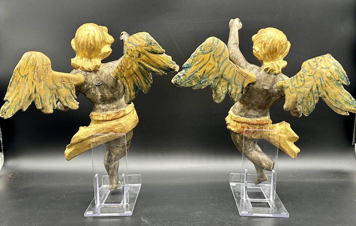 Pair Of Winged Angels In Silver- And Gold-plated Wood – Early 18th Century -photo-1