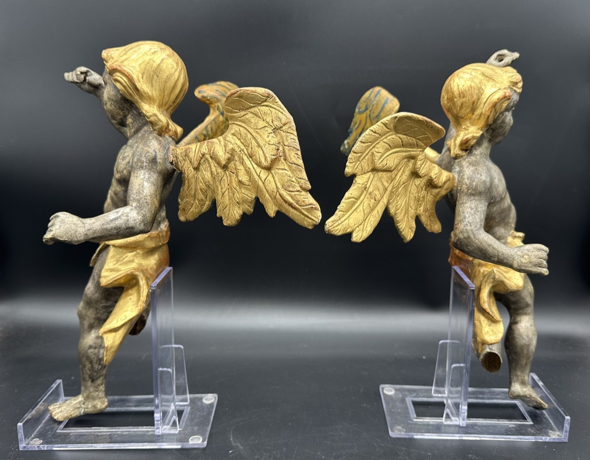Pair Of Winged Angels In Silver- And Gold-plated Wood – Early 18th Century -photo-2