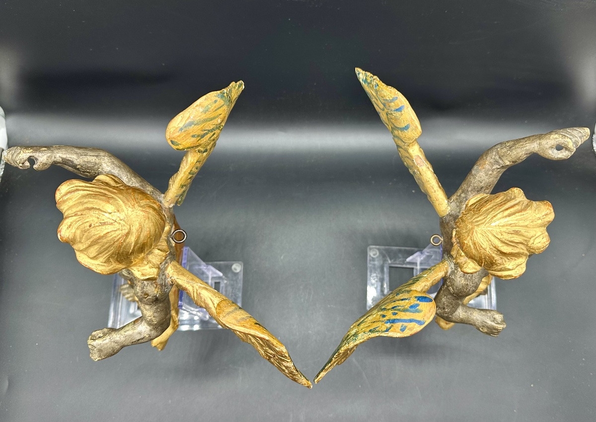 Pair Of Winged Angels In Silver- And Gold-plated Wood – Early 18th Century -photo-3