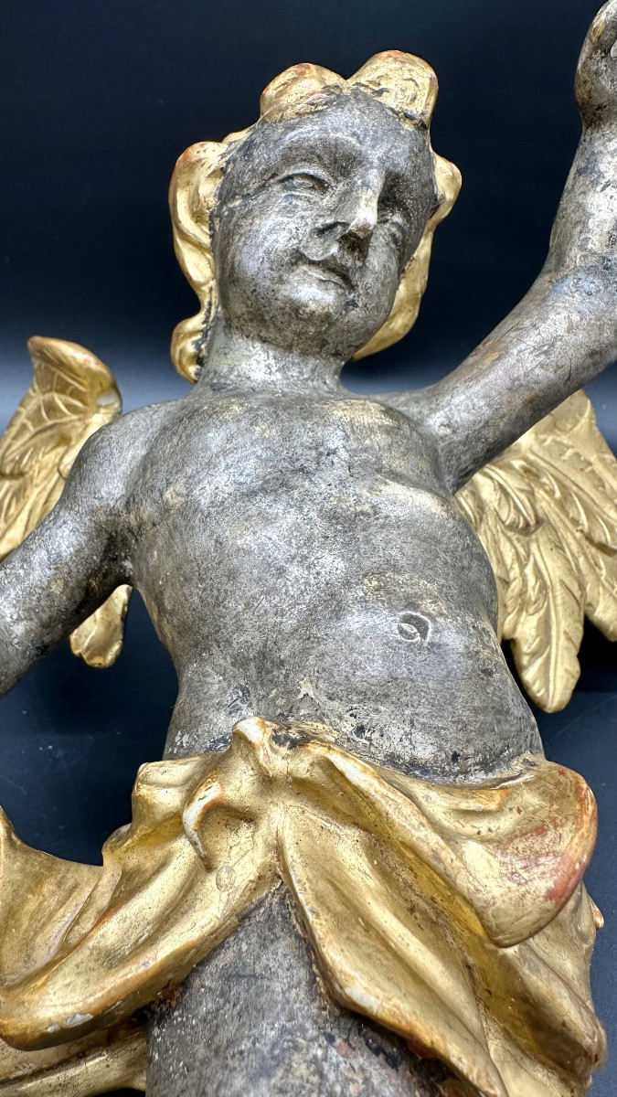 Pair Of Winged Angels In Silver- And Gold-plated Wood – Early 18th Century -photo-5