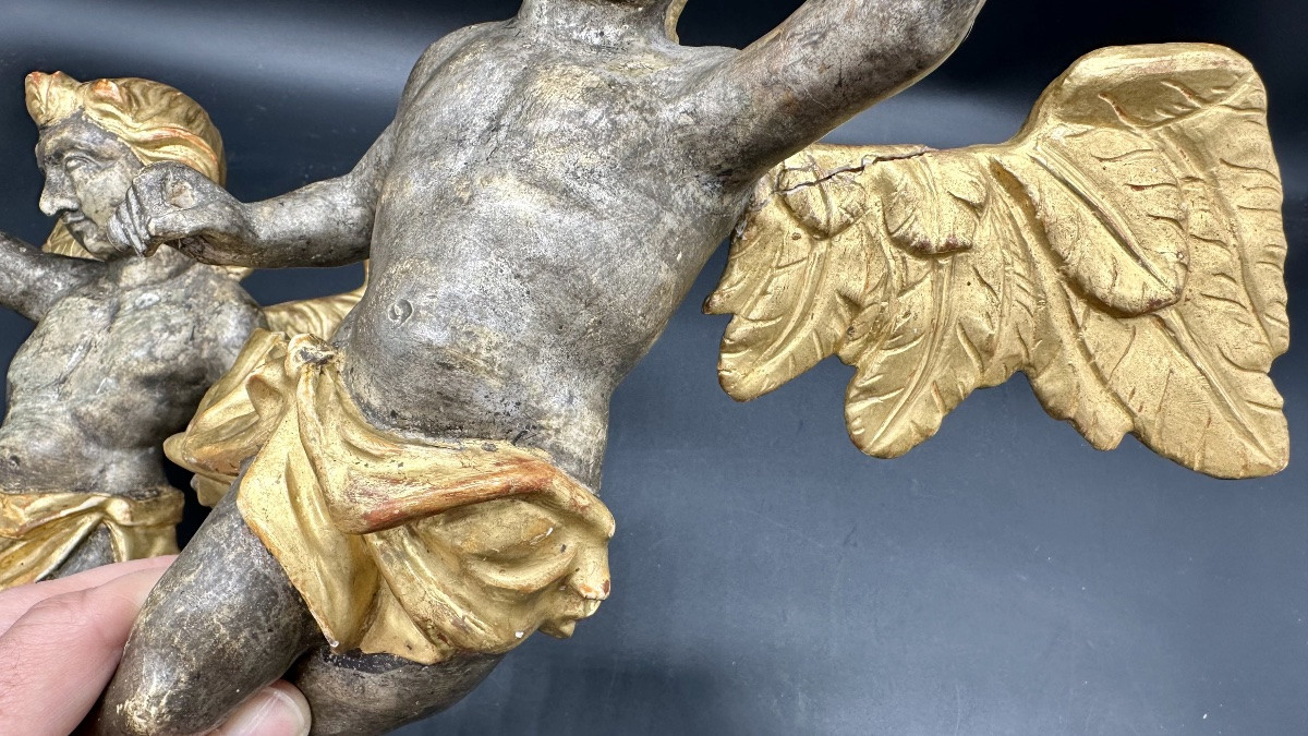 Pair Of Winged Angels In Silver- And Gold-plated Wood – Early 18th Century -photo-6