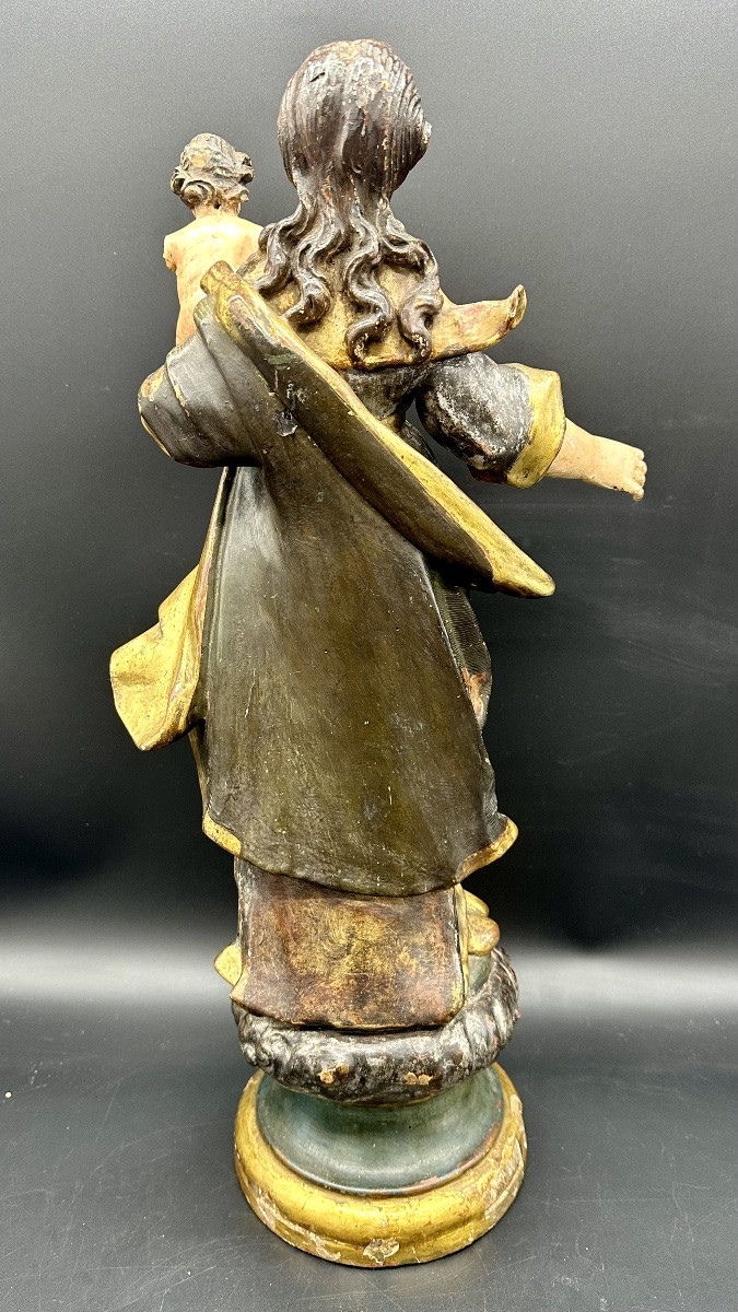 Carved, Polychrome, And Gilded Wooden Madonna And Child, Genoa, 17th Century-photo-3