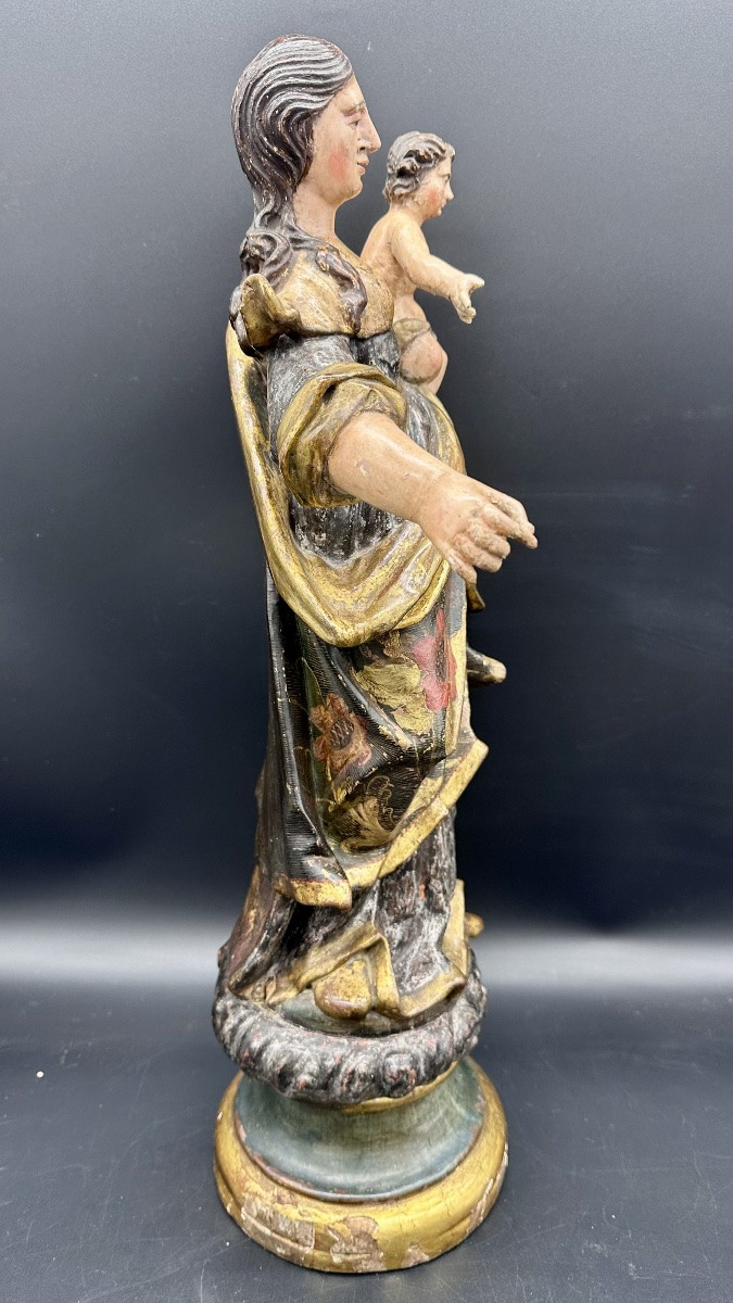 Carved, Polychrome, And Gilded Wooden Madonna And Child, Genoa, 17th Century-photo-4