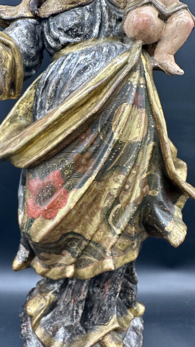 Carved, Polychrome, And Gilded Wooden Madonna And Child, Genoa, 17th Century-photo-2