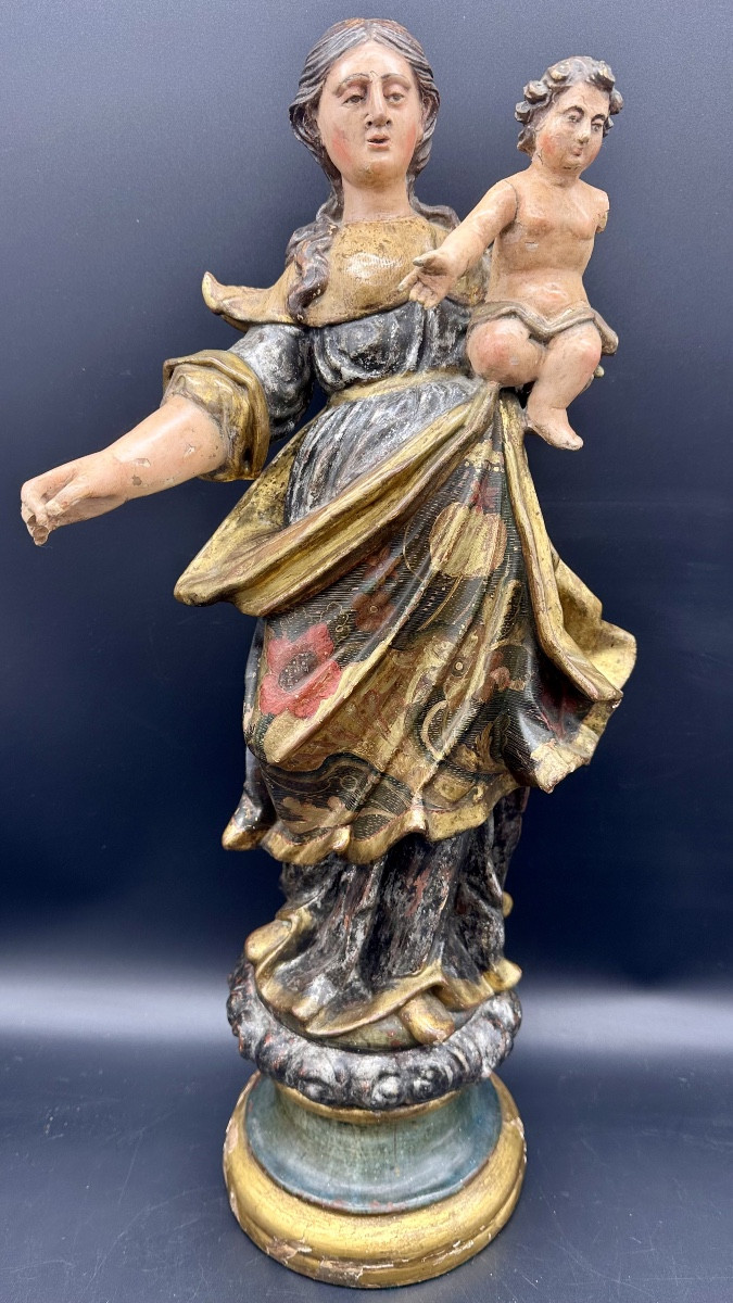 Carved, Polychrome, And Gilded Wooden Madonna And Child, Genoa, 17th Century