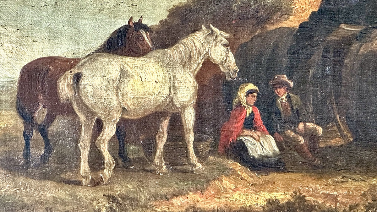 Huile sur toile « Paysans se reposant avec des chevaux » - début du XIXe siècle.-photo-2