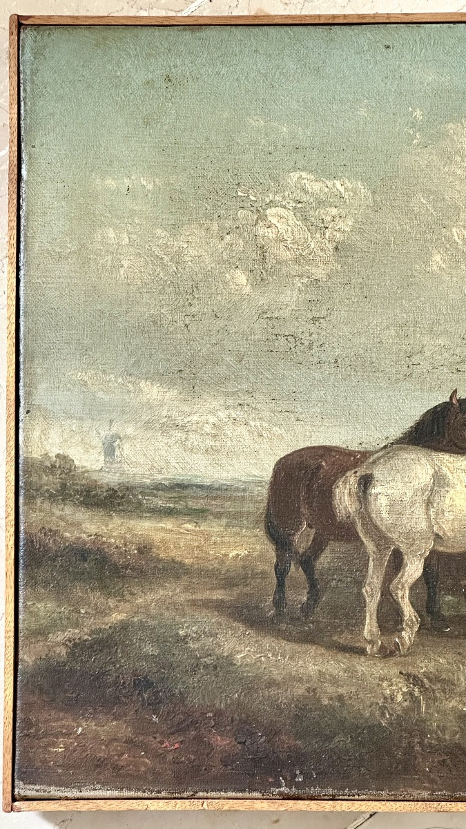 Huile sur toile « Paysans se reposant avec des chevaux » - début du XIXe siècle.-photo-3