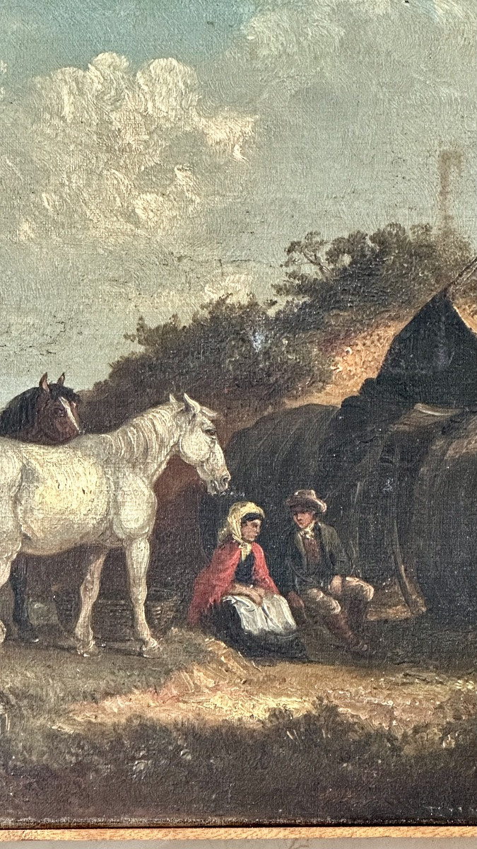 Huile sur toile « Paysans se reposant avec des chevaux » - début du XIXe siècle.-photo-4