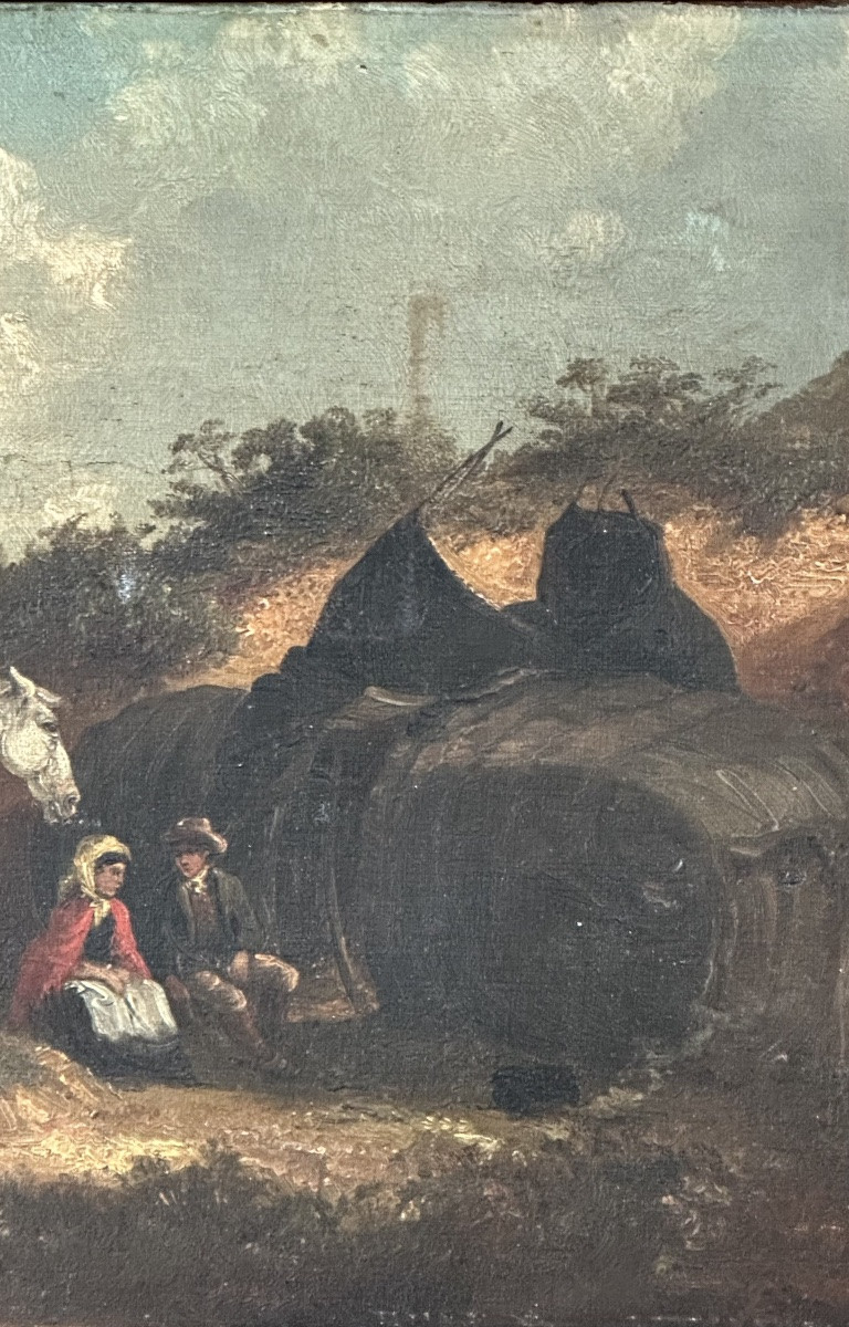 Huile sur toile « Paysans se reposant avec des chevaux » - début du XIXe siècle.-photo-1