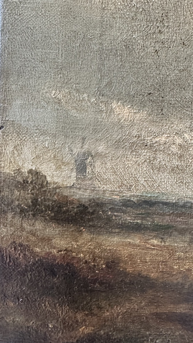 Huile sur toile « Paysans se reposant avec des chevaux » - début du XIXe siècle.-photo-2