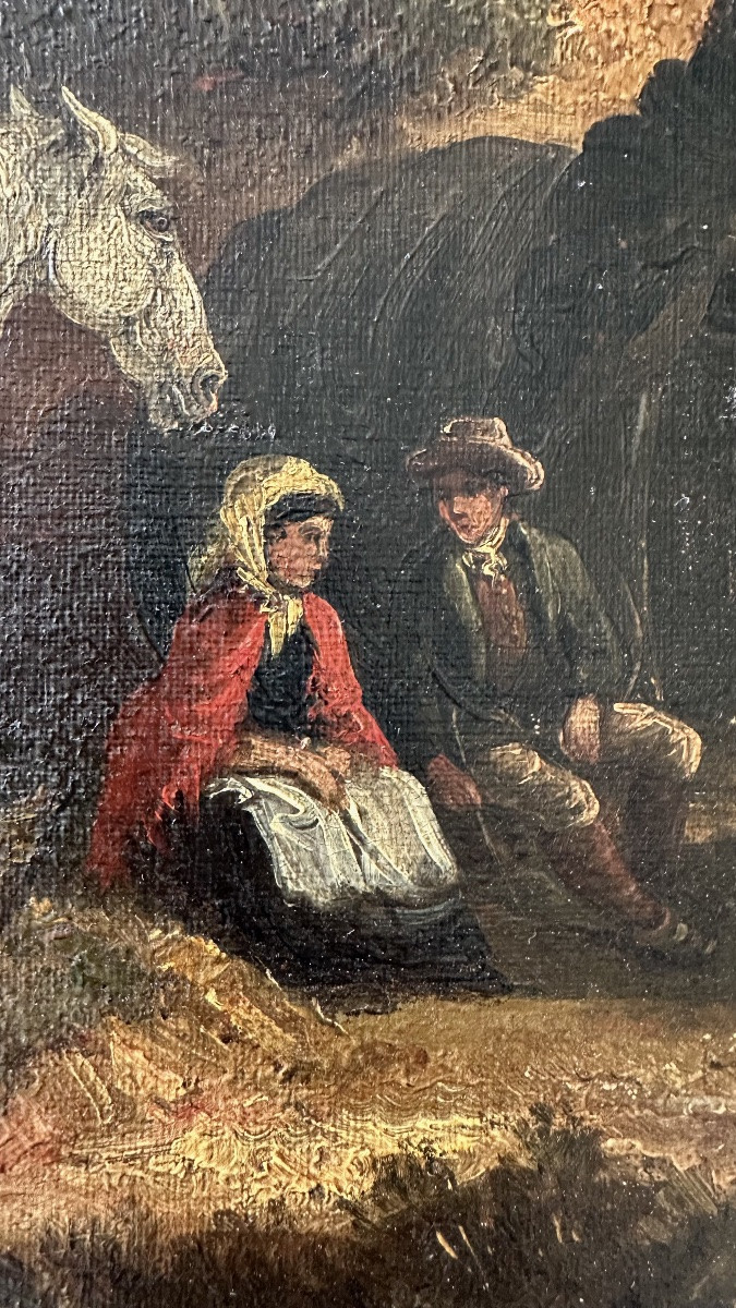 Huile sur toile « Paysans se reposant avec des chevaux » - début du XIXe siècle.-photo-3