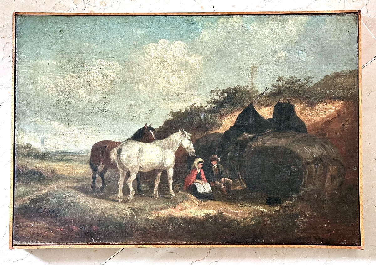 Huile sur toile « Paysans se reposant avec des chevaux » - début du XIXe siècle.