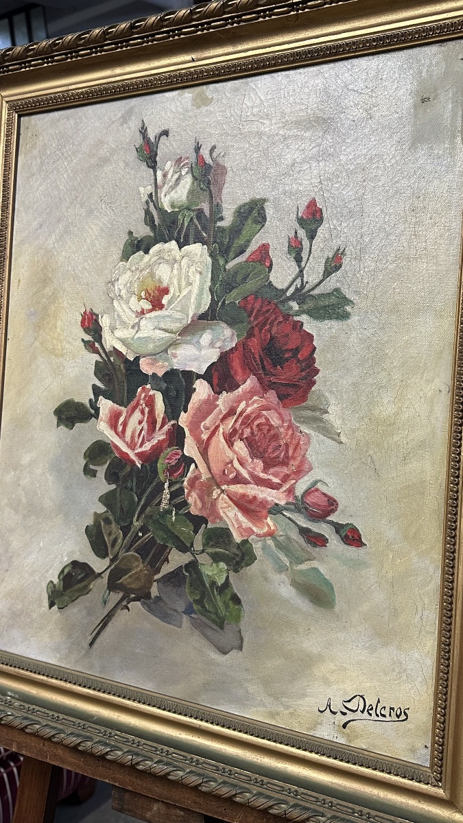 Huile sur toile – Nature morte au bouquet de roses, signée A. Delcros – XIXe siècle-photo-2