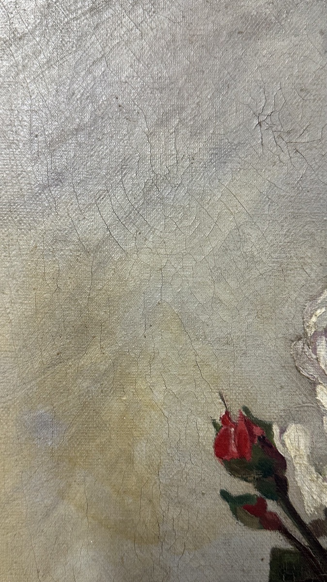 Huile sur toile – Nature morte au bouquet de roses, signée A. Delcros – XIXe siècle-photo-3