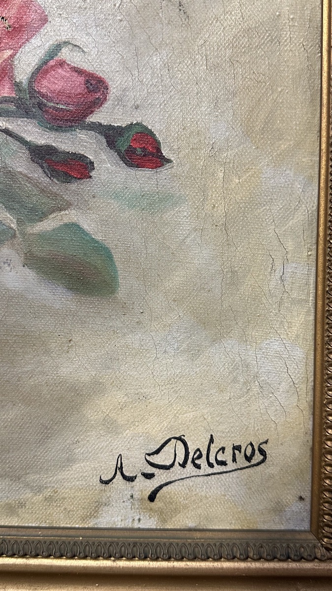 Huile sur toile – Nature morte au bouquet de roses, signée A. Delcros – XIXe siècle-photo-4