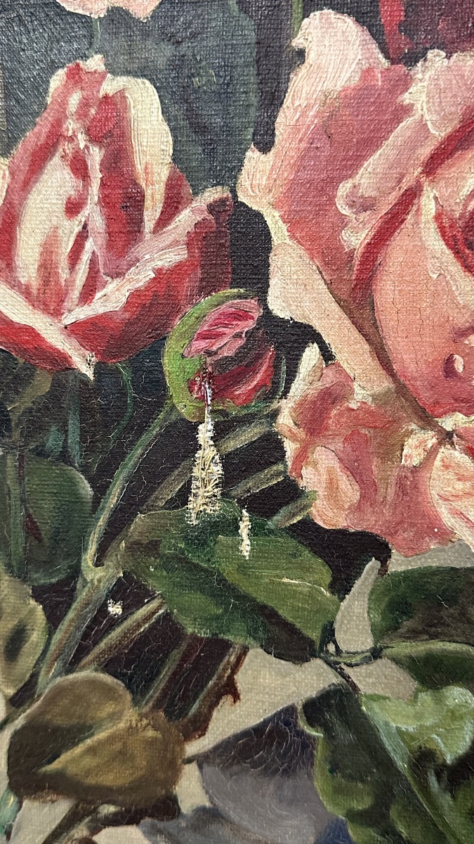 Huile sur toile – Nature morte au bouquet de roses, signée A. Delcros – XIXe siècle-photo-1