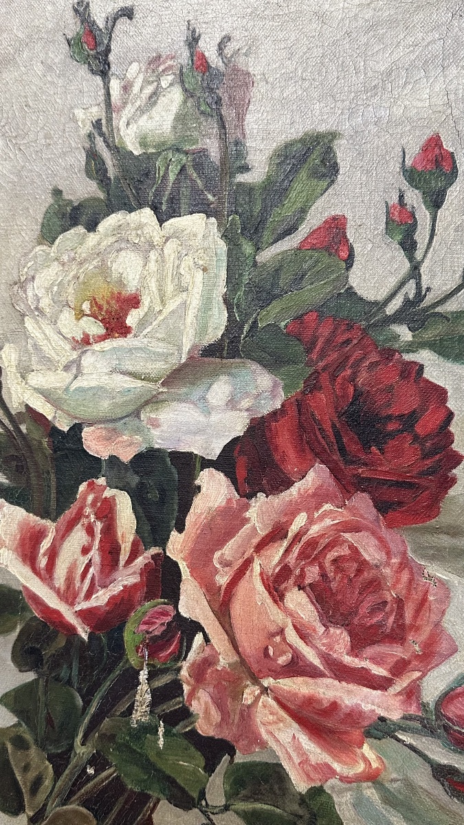 Huile sur toile – Nature morte au bouquet de roses, signée A. Delcros – XIXe siècle-photo-2