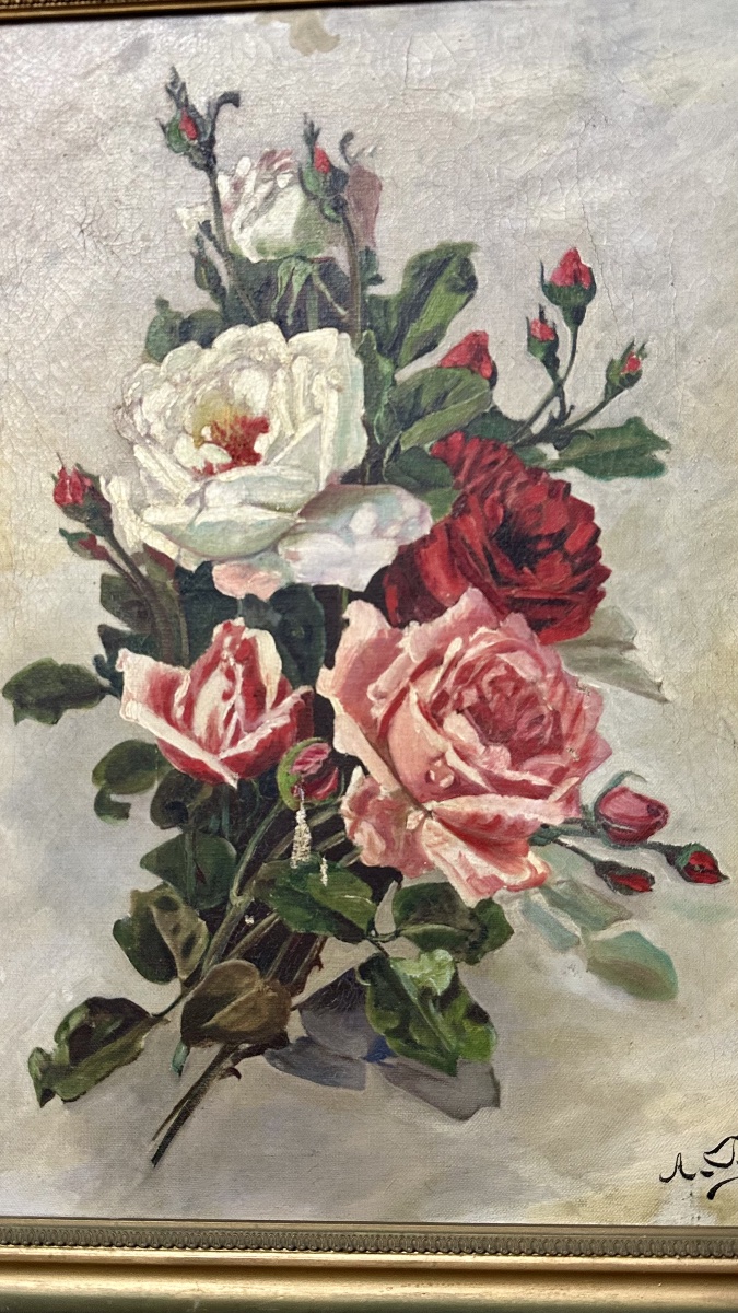 Huile sur toile – Nature morte au bouquet de roses, signée A. Delcros – XIXe siècle-photo-3