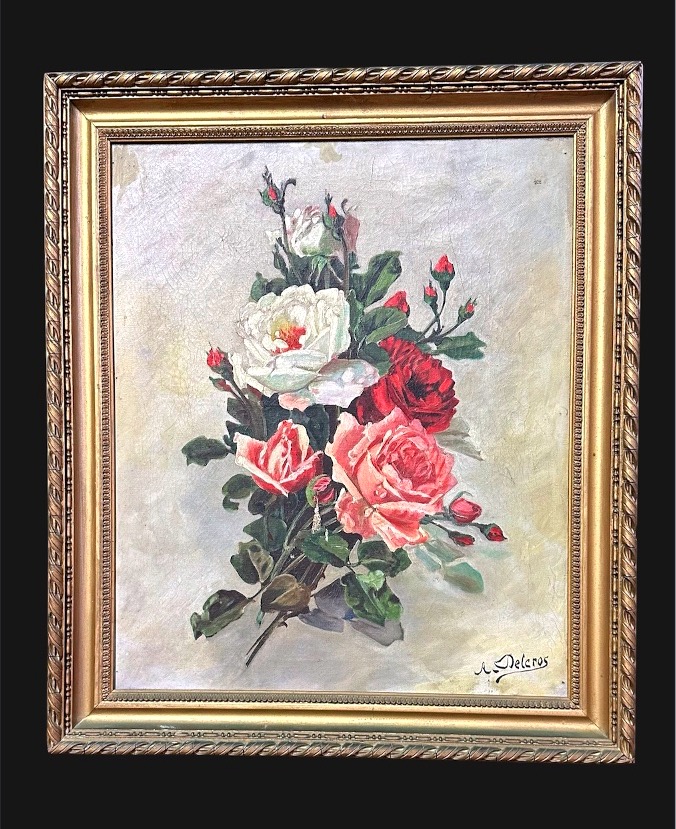 Huile sur toile – Nature morte au bouquet de roses, signée A. Delcros – XIXe siècle