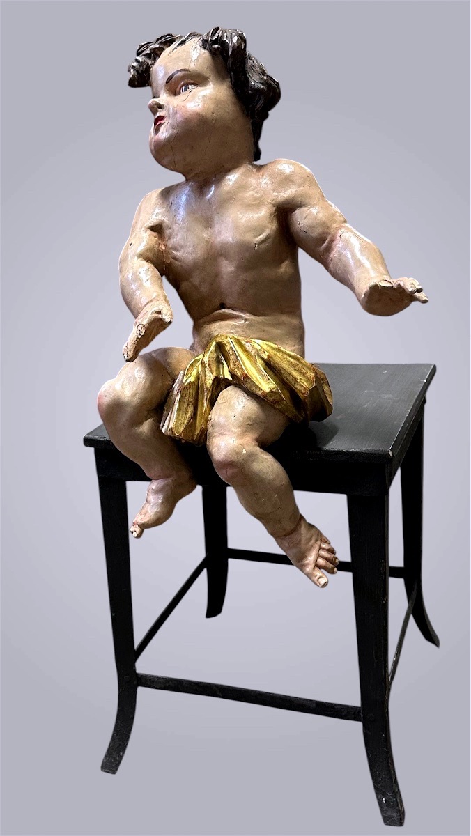 Carved And Polychrome Wood Sculpture – Putto / Curtain-holding Angel – Late 17th Century, Early 18th Century-photo-2