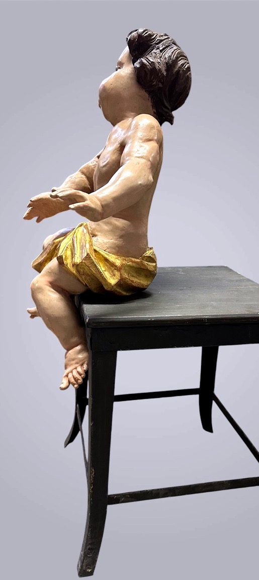 Carved And Polychrome Wood Sculpture – Putto / Curtain-holding Angel – Late 17th Century, Early 18th Century-photo-4