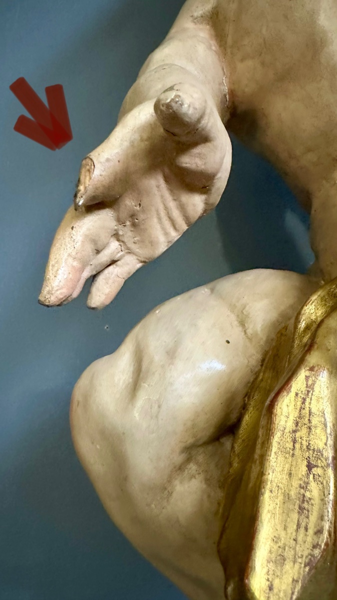 Carved And Polychrome Wood Sculpture – Putto / Curtain-holding Angel – Late 17th Century, Early 18th Century-photo-2