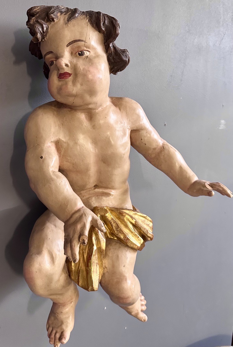 Carved And Polychrome Wood Sculpture – Putto / Curtain-holding Angel – Late 17th Century, Early 18th Century-photo-3