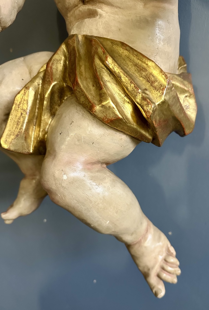 Carved And Polychrome Wood Sculpture – Putto / Curtain-holding Angel – Late 17th Century, Early 18th Century-photo-4
